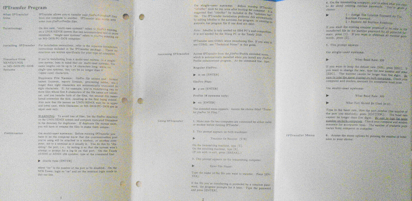 1987 fPTransfer for filePro / Profile files - User Guide & MSDOS software.