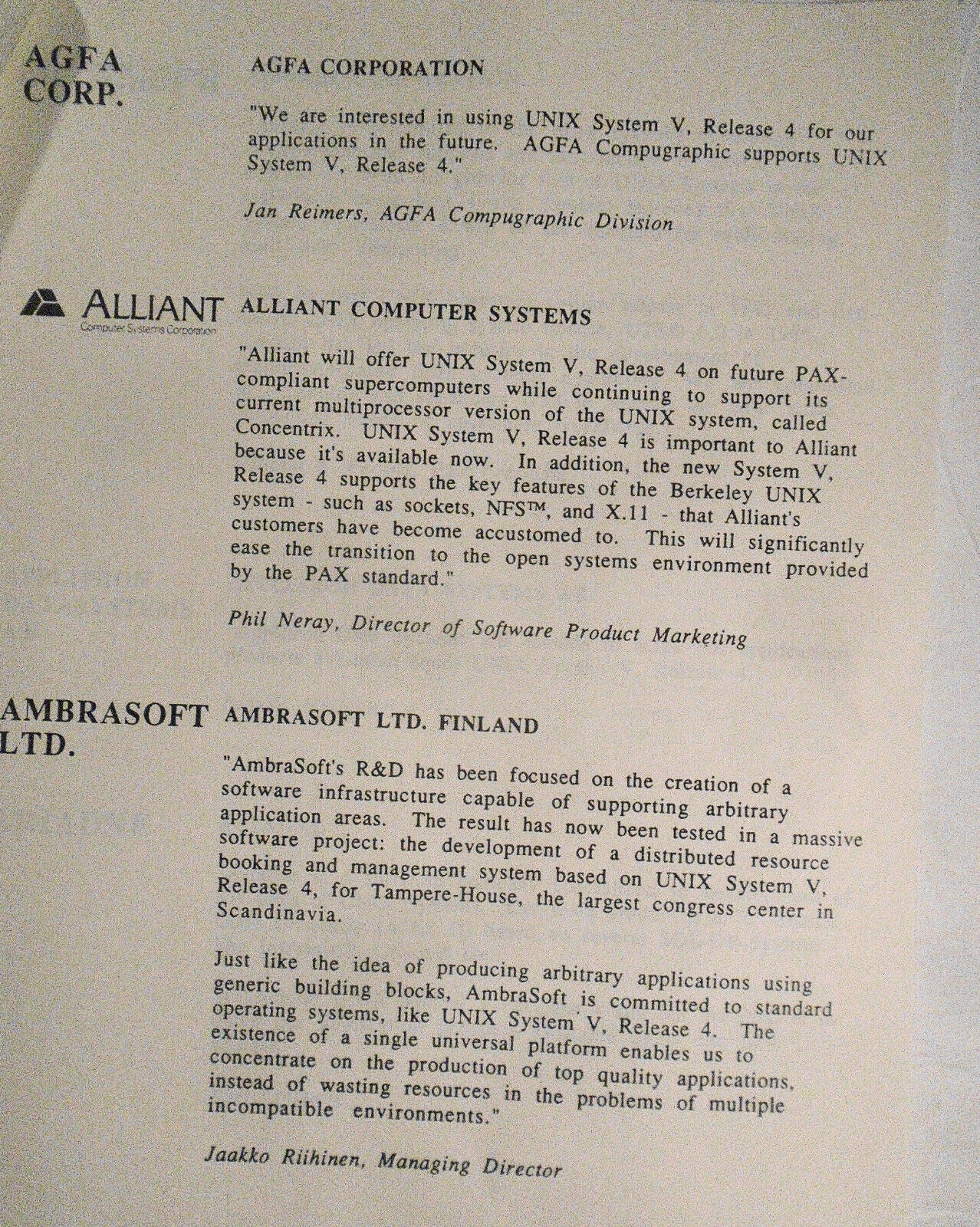1989 Statements of support by 172 companies for UNIX System V, Release 4