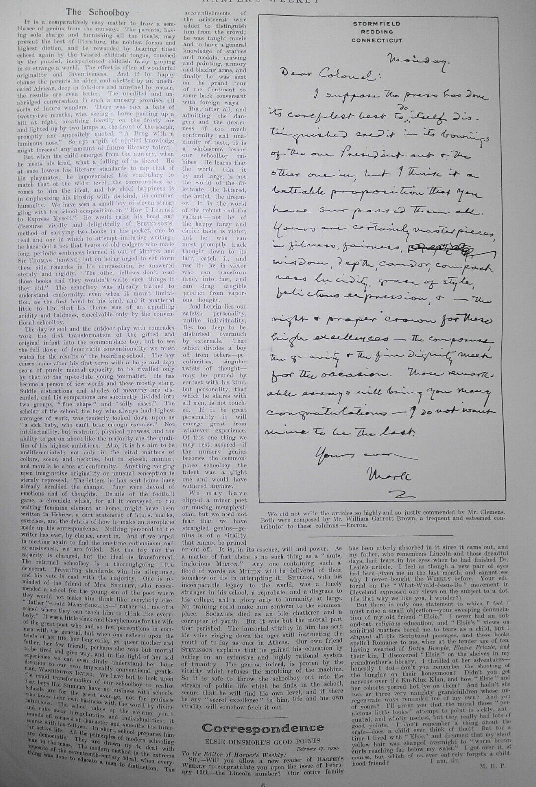 Harper's Weekly March 27, 1909. Mark Twain letter; Female cabinet; St. Gaudens