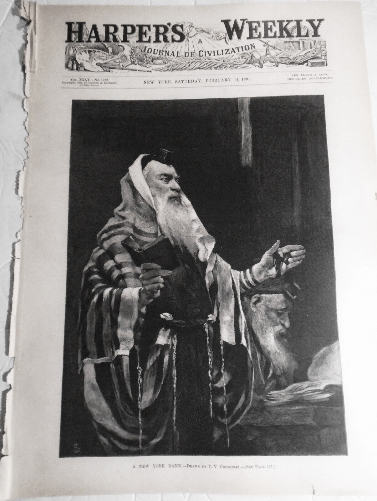 A New York Rabbi, by T. V. Chominski. 1891 Harper's Weekly ORIGINAL