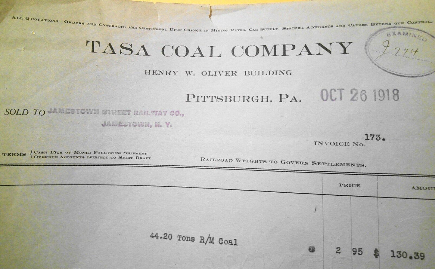 1918 Tasa Coal Company Pittsburgh receipt - 44 tons of coal to Jamestown Railway