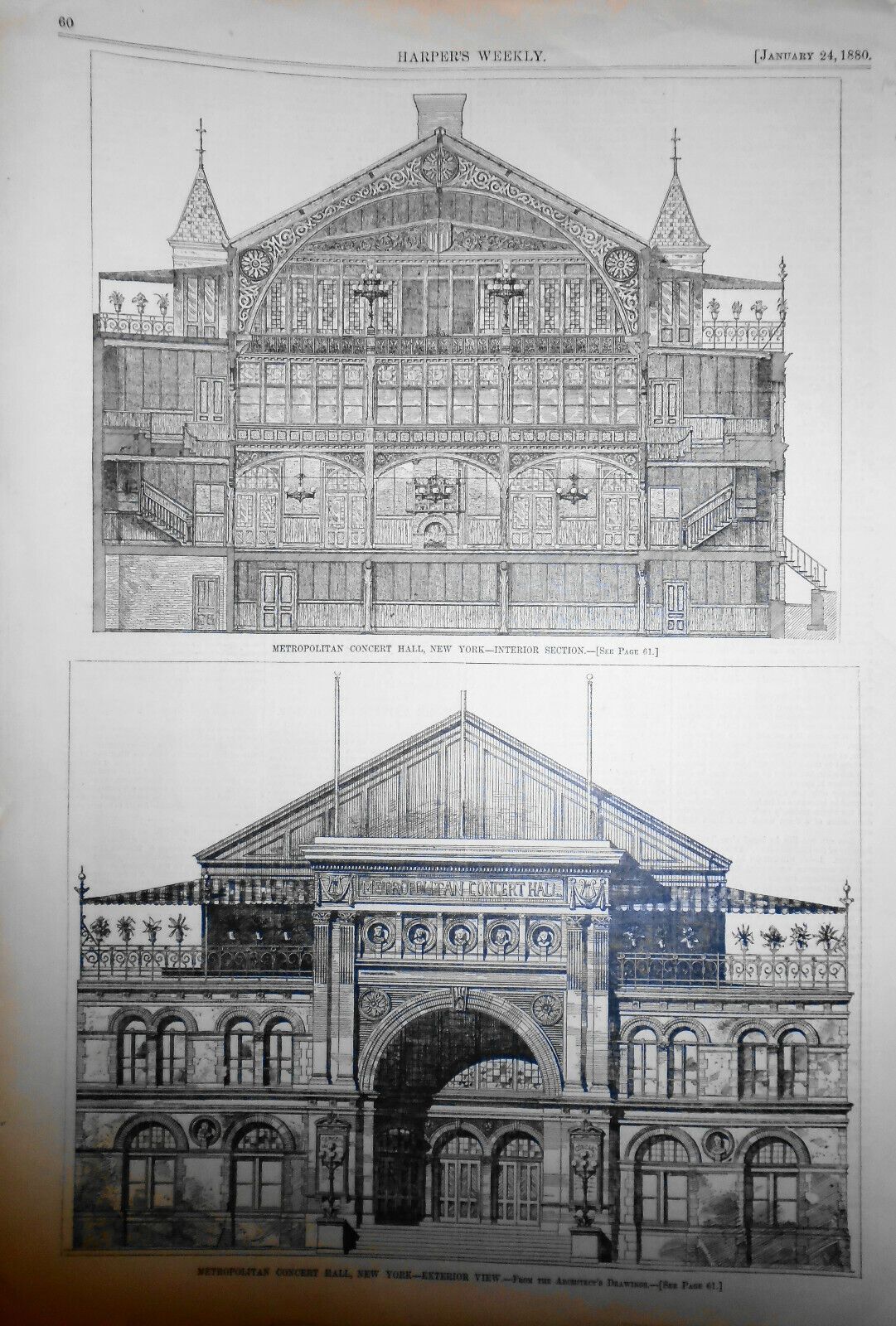 Metropolitan Concert Hall - January 24, 1880 Harper's Weekly - 2 Prints