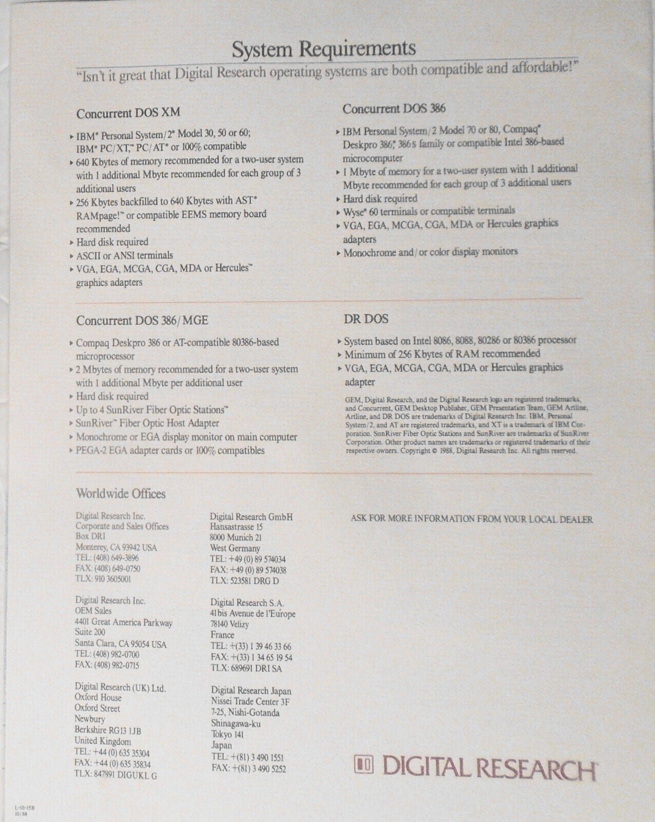 Digital Research Concurrent DOS multiuser operating systems brochure. 1988.