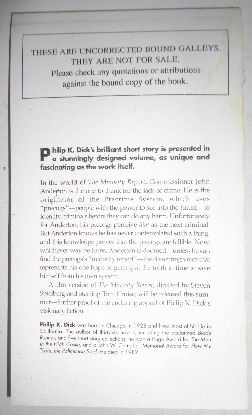 Philip K. Dick - The Minority Report - Uncorrected Bound Galleys 2002 - rarest