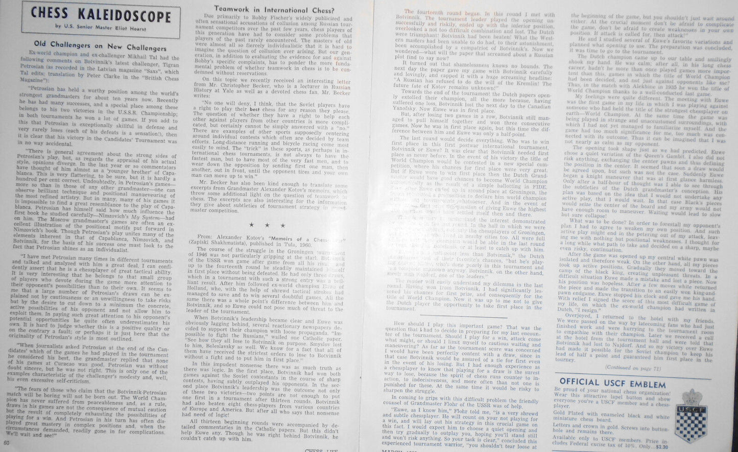 Chess Life, March 1963 - Reshevsky, Fischer, Petrosian, Benko, et al.