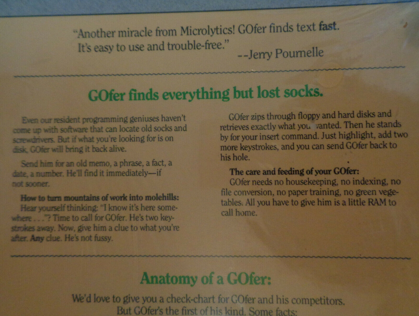 GOfer, by Microlytics, Inc.. 1987 - MINT, SEALED. For IBM PC's...