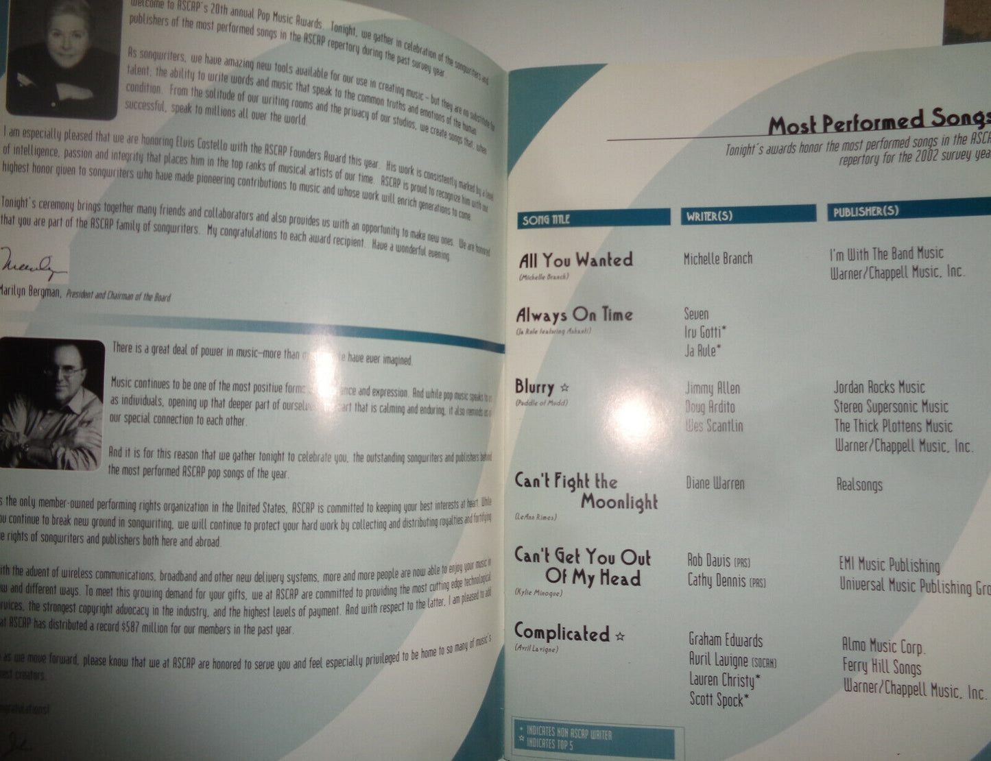 ASCAP Pop Music Awards 2003 Souvenir Program - Nelly, Seven, Elvis Costello .