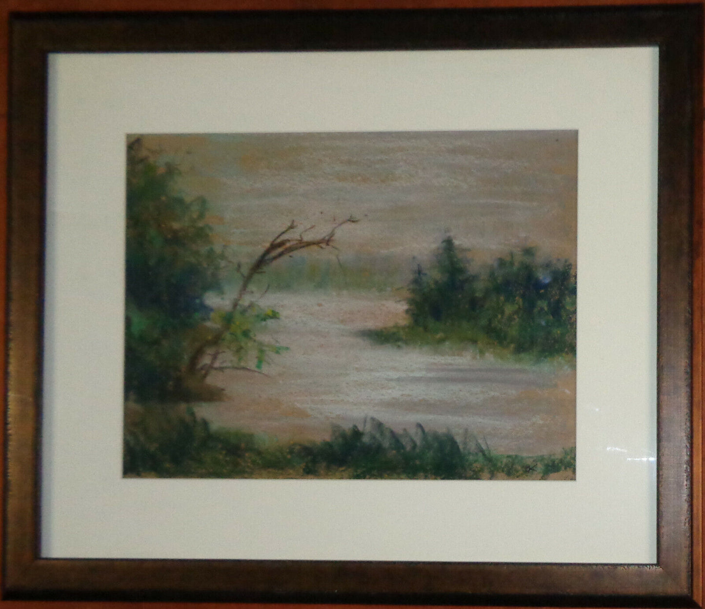 Bo Kass : Landscape with trees - Signed original crayon drawing, framed