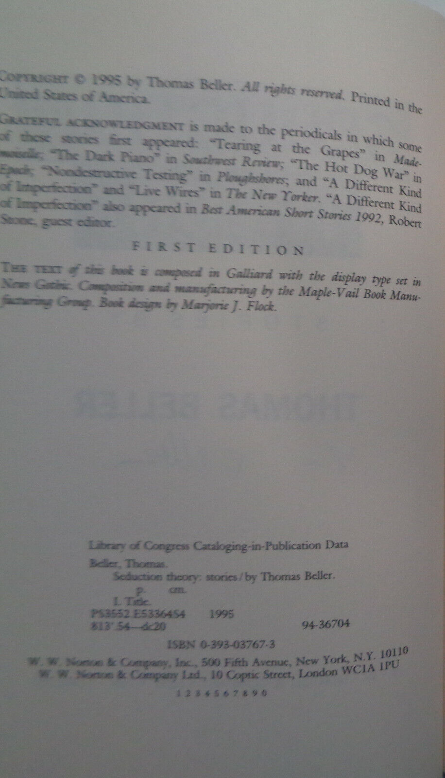 Seduction theory : stories, by Thomas Beller. SIGNED First Edition, 1995. HC/DJ