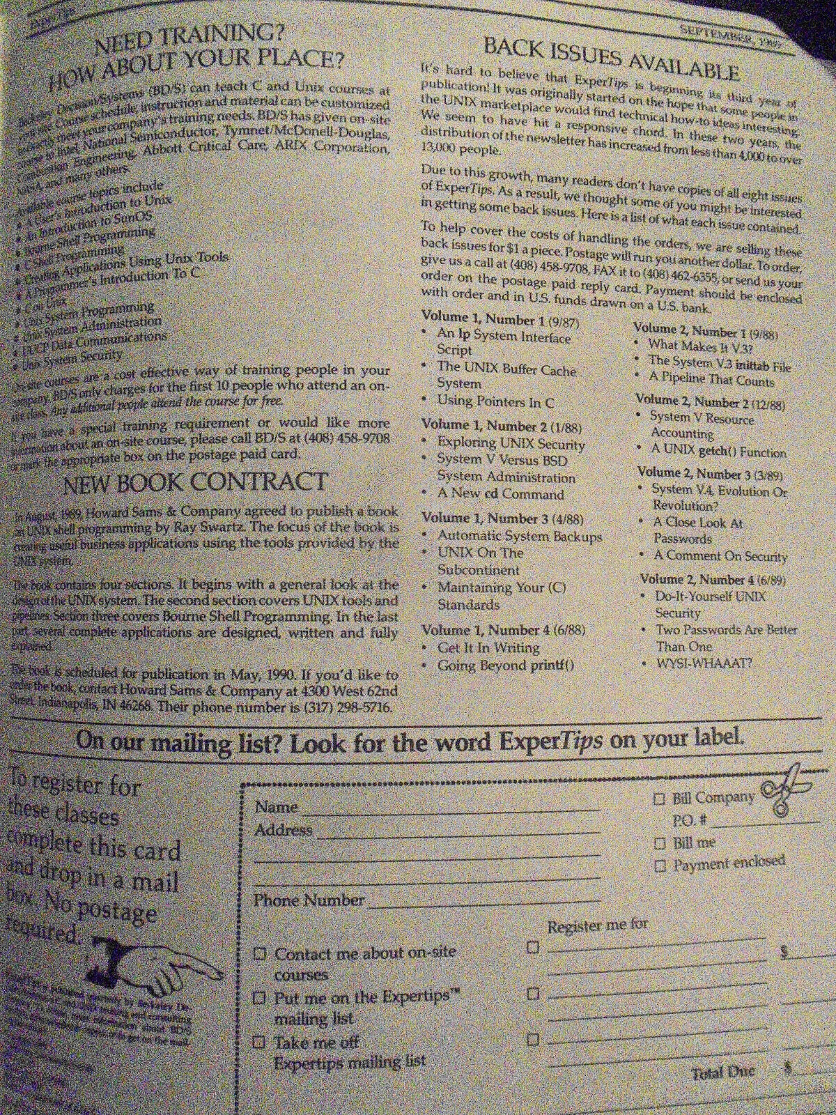 ExperTips, September 1989 -- A C and UNIX Newsletter - Vol. 3, No. 1