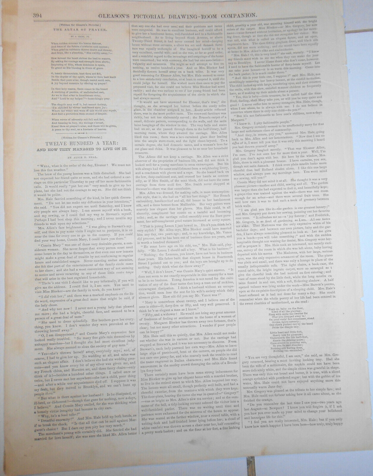 Scenes In New York - 1852 Gleason's Pictorial -- 2 Pages, Story & 4 Prints
