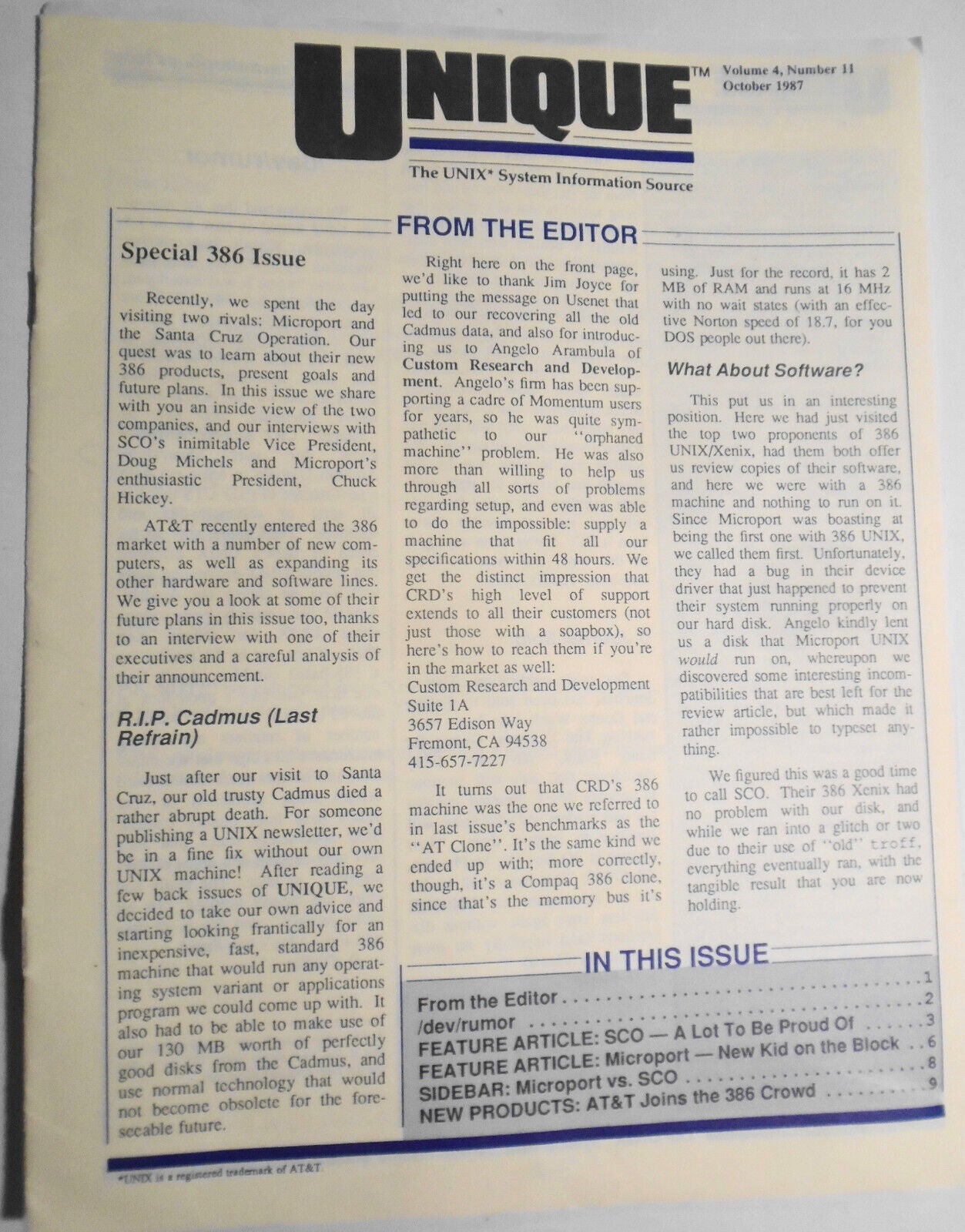 UNIQUE: The UNIX System Information Source, Vol. 4, No. 11, October 1987
