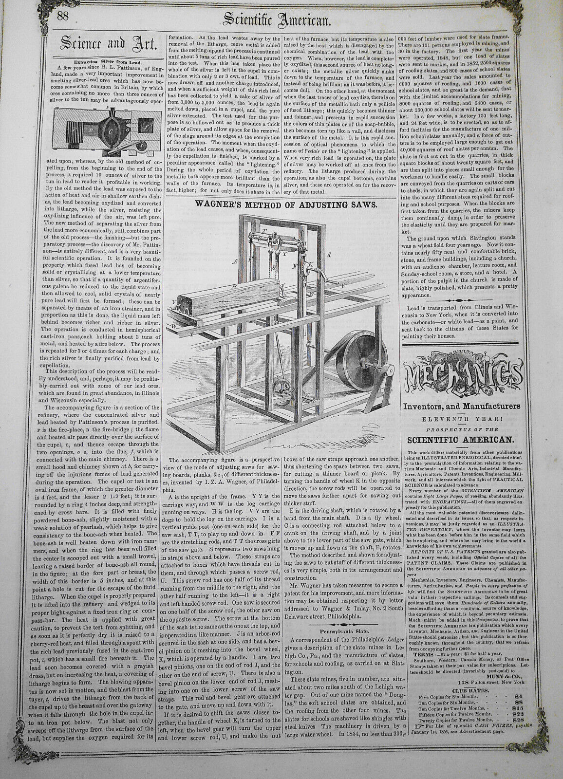 Scientific American November 24, 1855. Gold-Separating Apparatus; Tunnelling etc