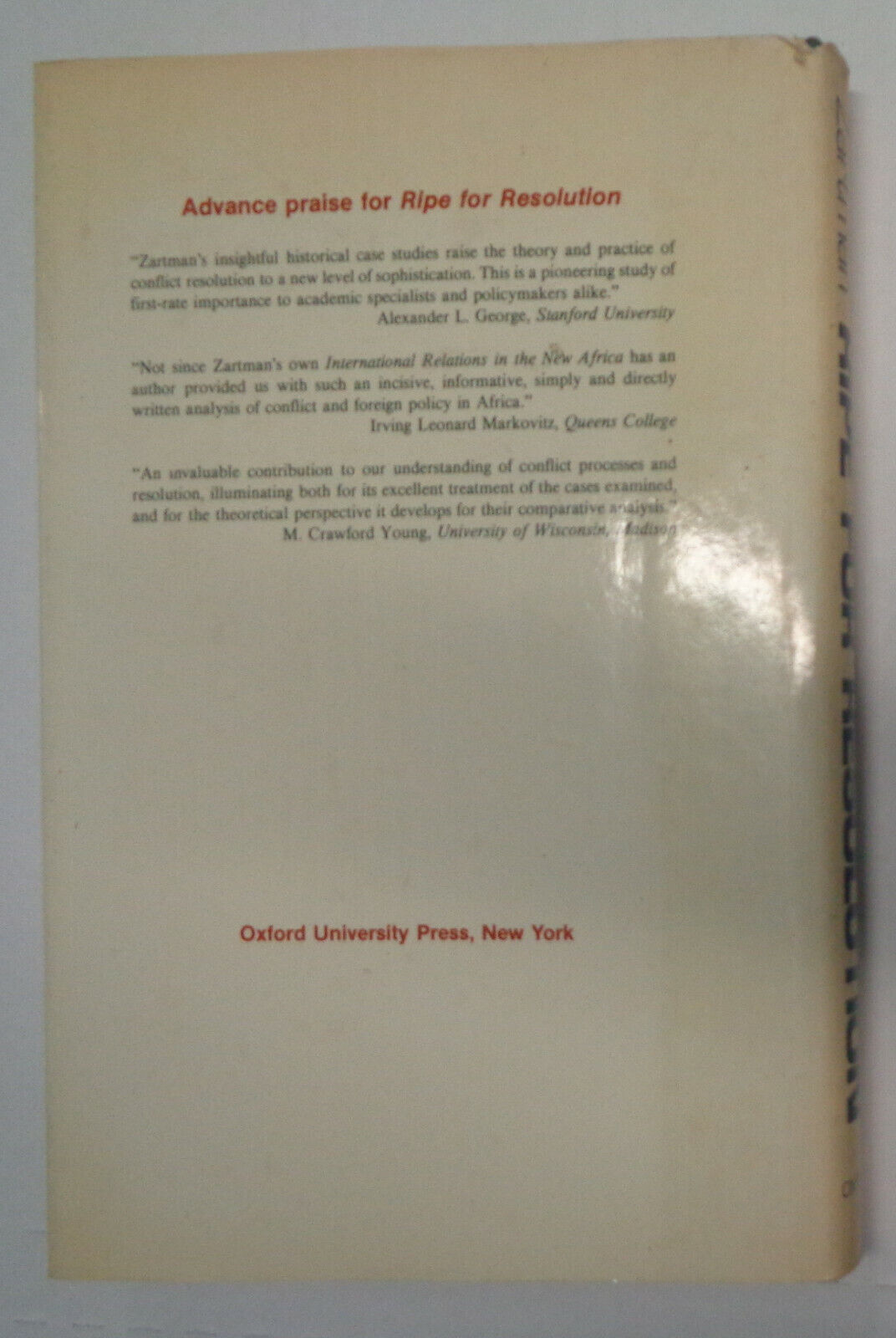 Ripe for Resolution: Conflict and Intervention in Africa by Zartman HC/DJ 1st ed