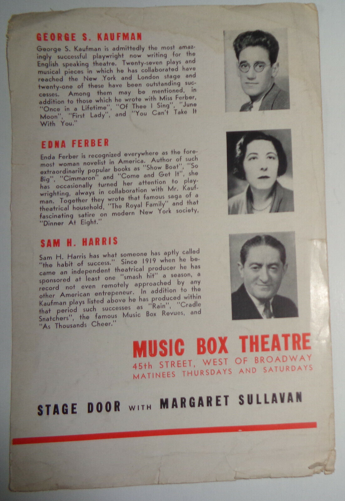 STAGE DOOR, with Margaret Sullavan - Souvenir Program, 1936. Music Box Theatre