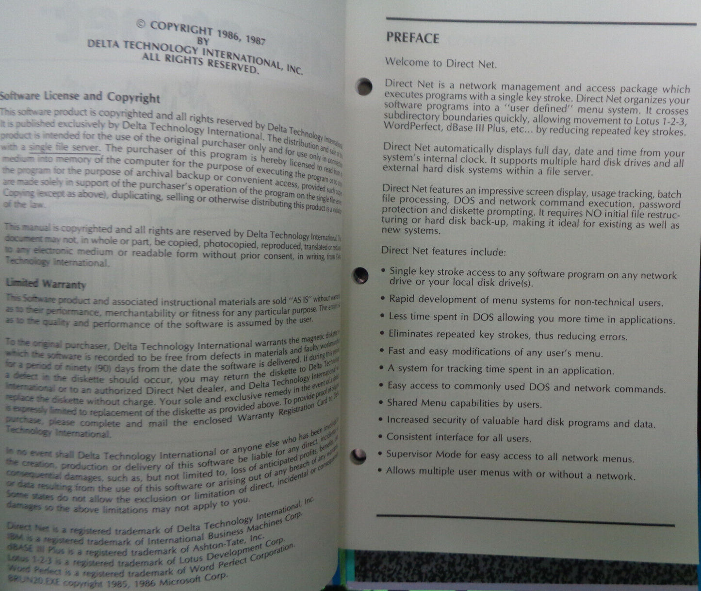Direct Net: single keystroke network manager software, by Delta Technology 1987