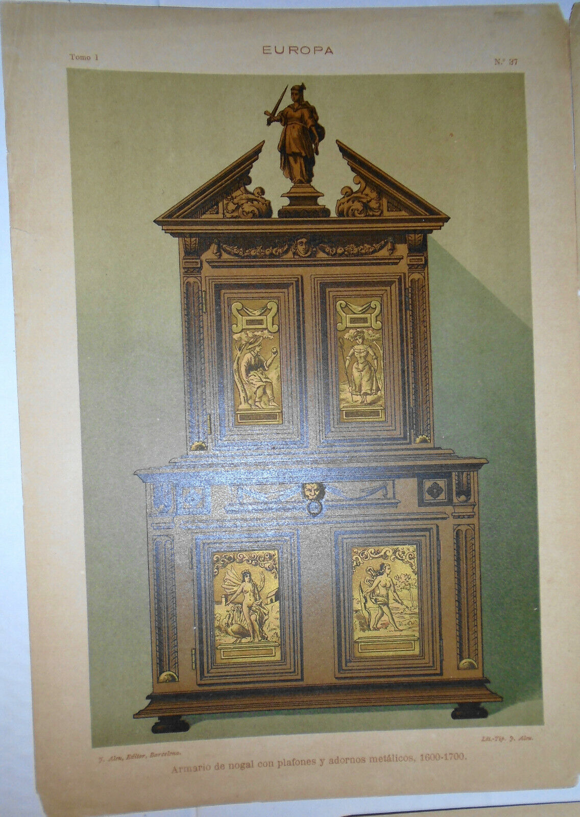 EUROPA - 3 antique furniture lithographs lot circa 1890 by J. Aleu, Barcelona.