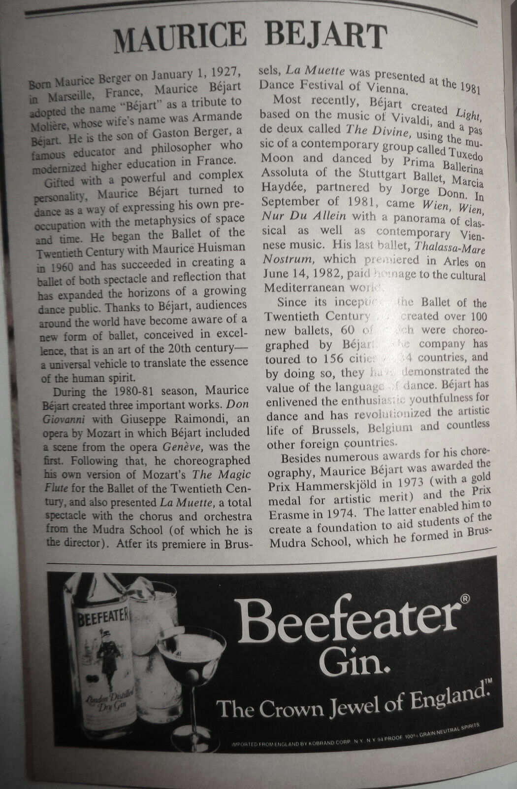 BEJART BALLET OF THE 20th CENTURY PROGRAM - Nov 1985 City Center Theater, NYC