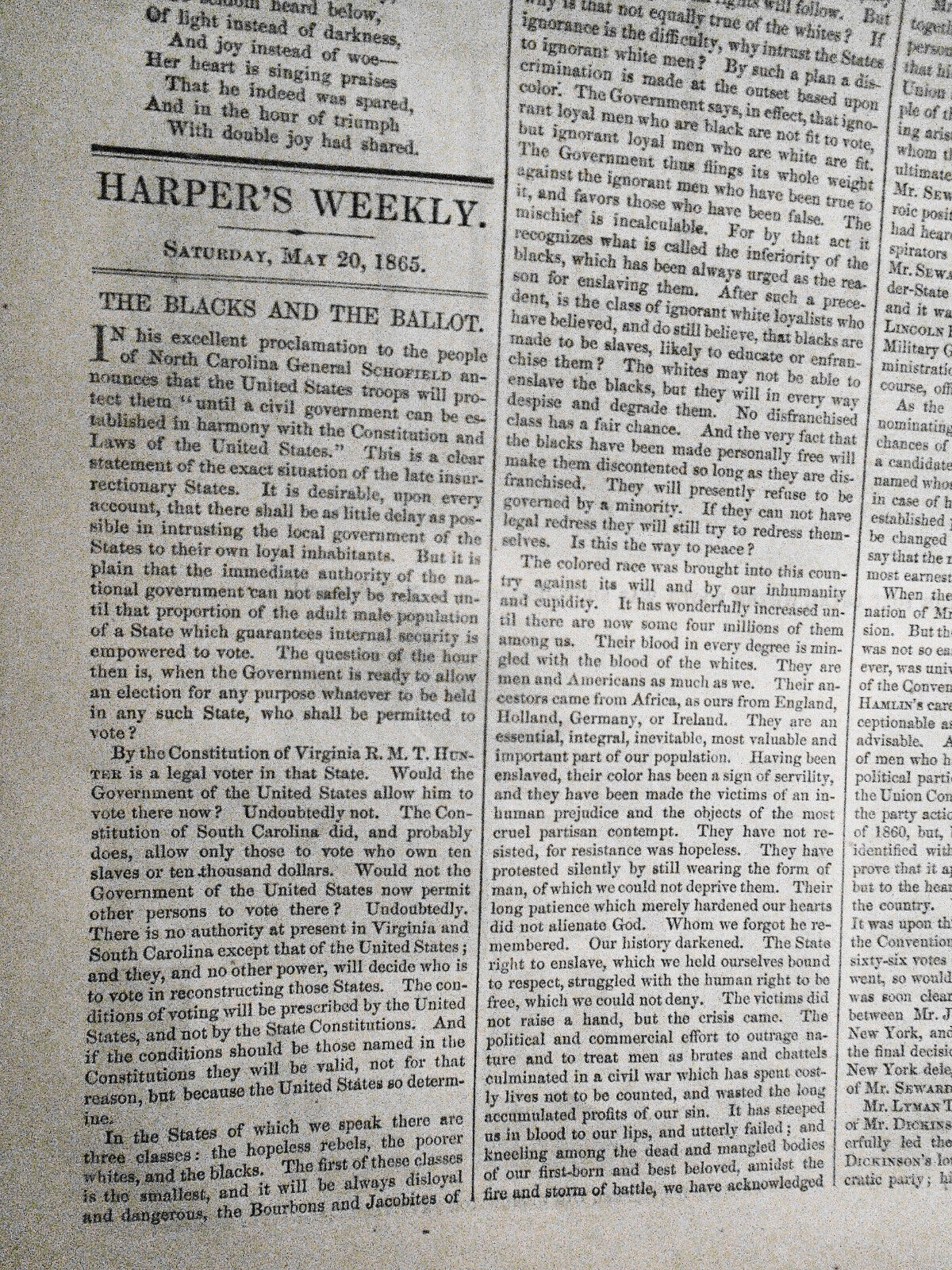 Harper's Weekly May 20, 1865. Original: Lincoln, Booth, Blacks and the Ballot.