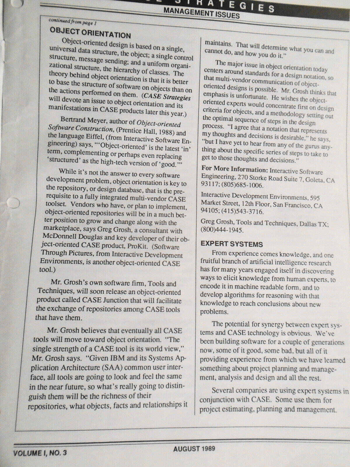 CASE Strategies, August 1989 - Newsletter on Computer Aided Systems Engineering