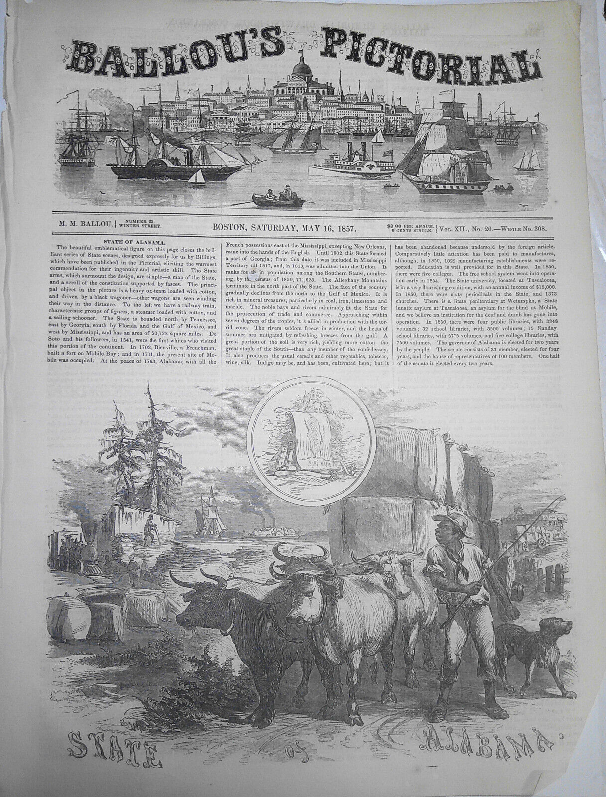 "State of Alabama" emblematic print + story, in Ballou's Pictorial May 2, 1857.
