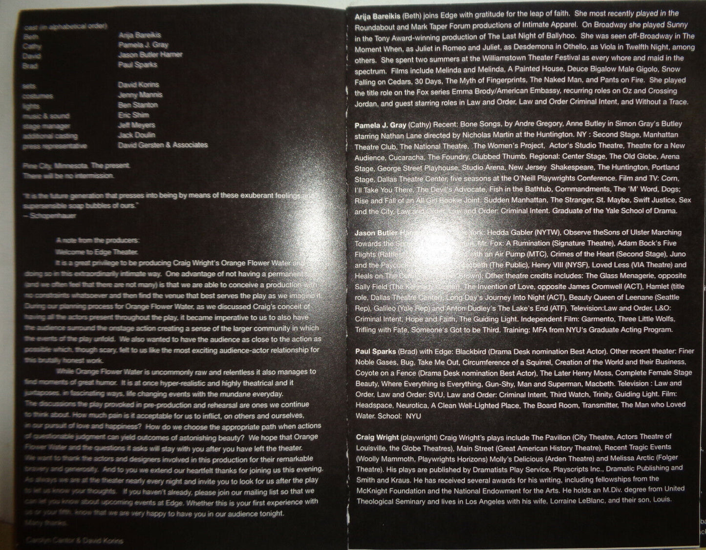 ORANGE FLOWER WATER by Craig Wright - PROGRAM - Theater for the New City 2005