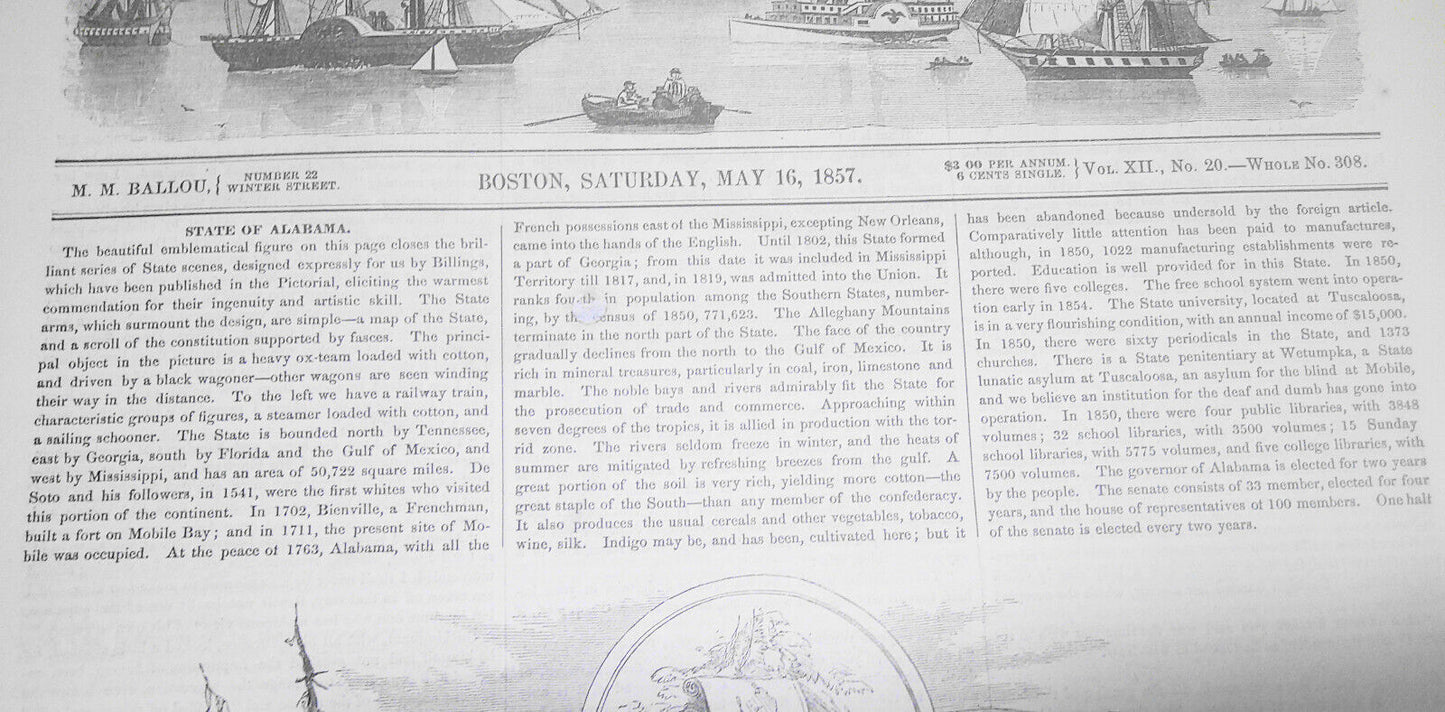 "State of Alabama" emblematic print + story, in Ballou's Pictorial May 2, 1857.