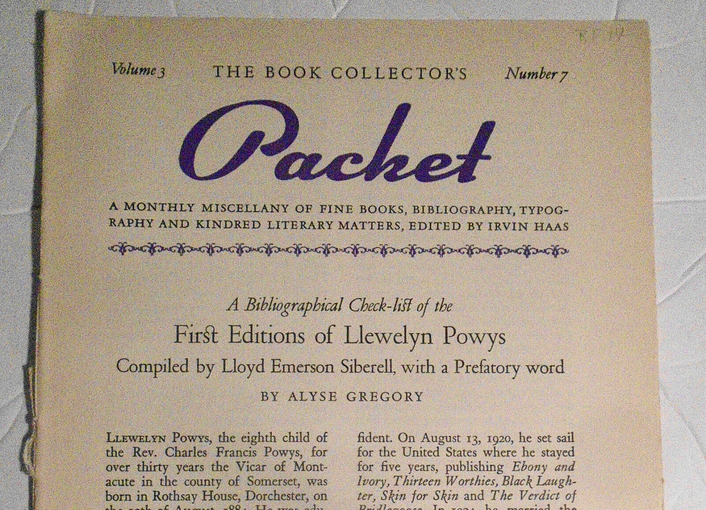 Book Collector's Packet, March 1939 - First Editions of Llewelyn Powys, etc..