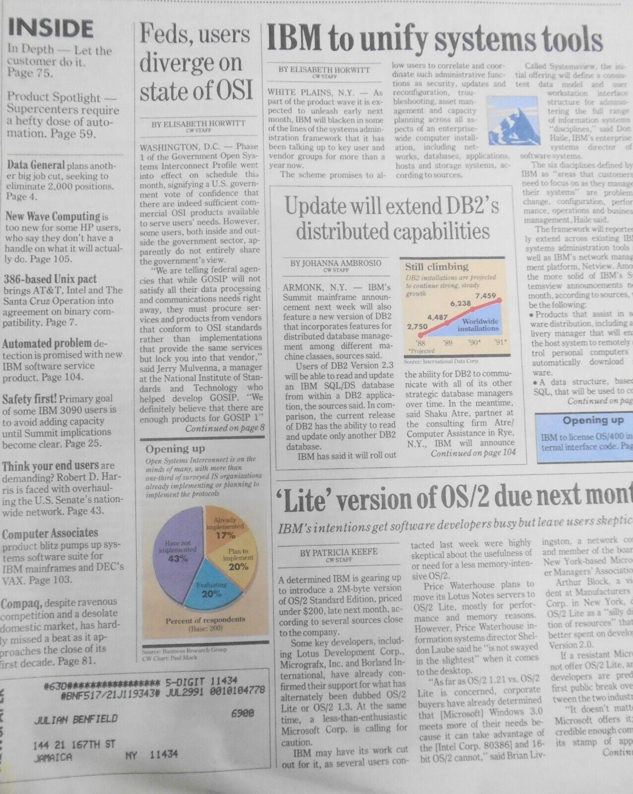Computerworld Magazine, August 27, 1990 - IBM to unify sytem tools; OS/2 Lite...