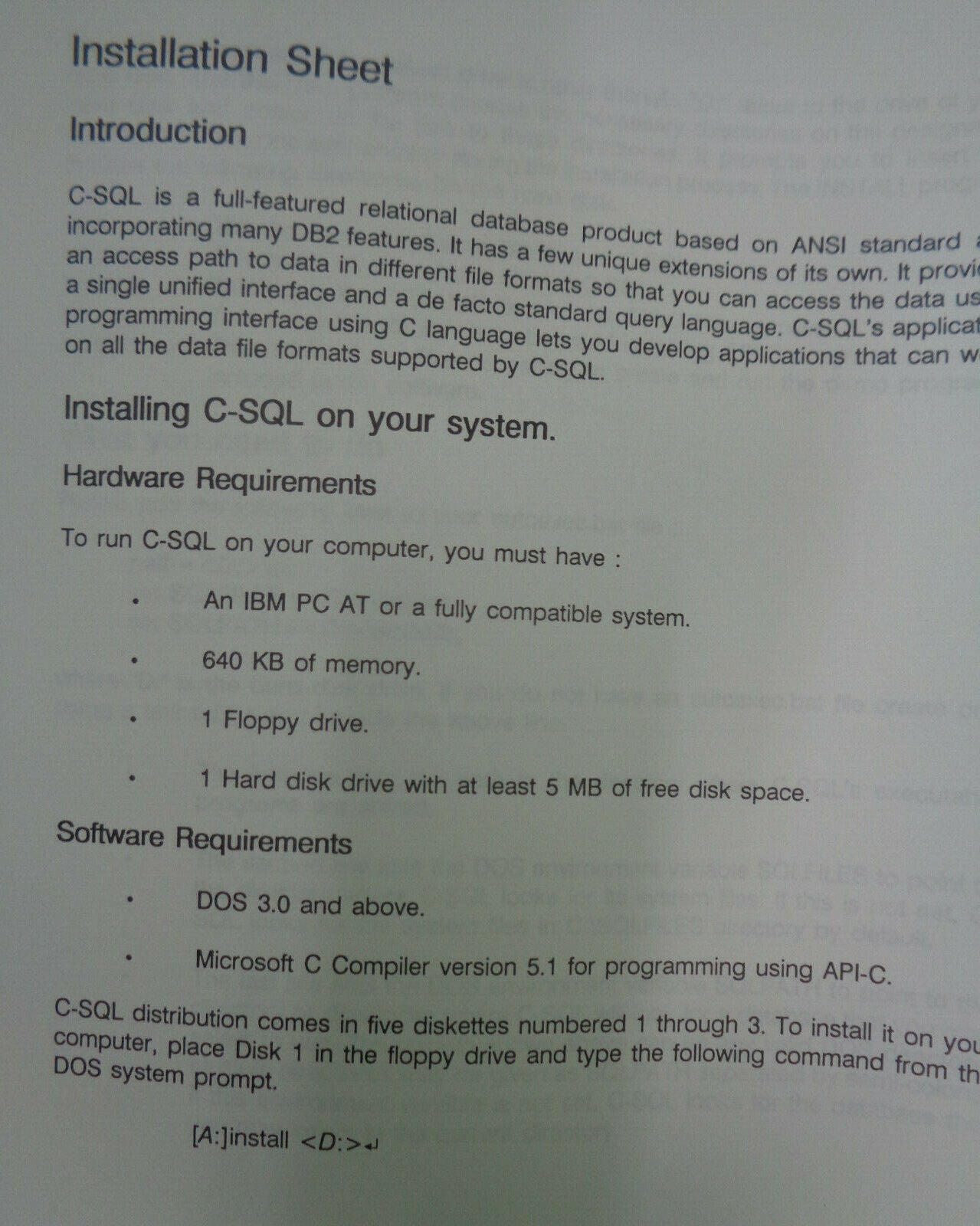 C-SQL, for DOS, by Coromandel - Beta Release 1989. 4 Manuals, 3 floppies (5 1/4)