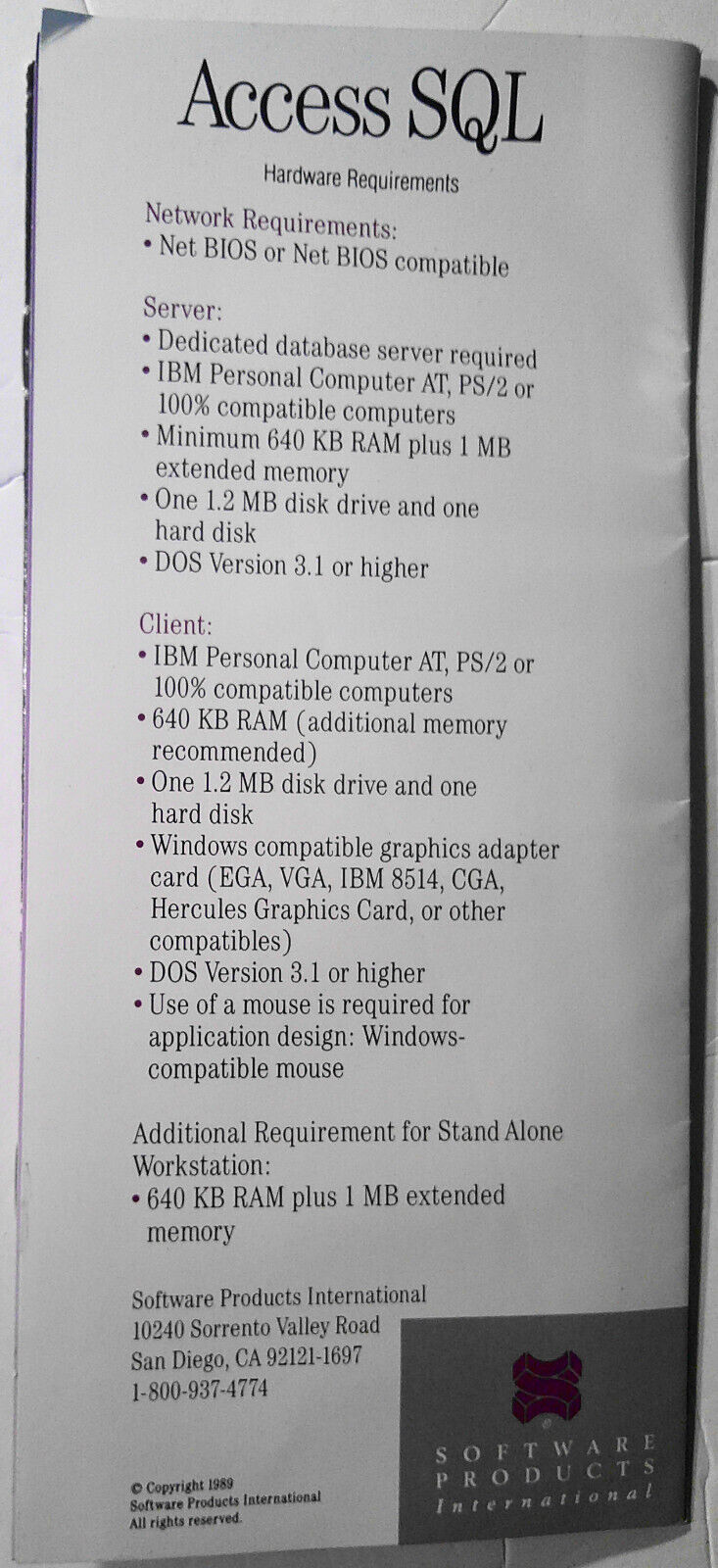 Introducing Access SQL, graphical database. Promotional brochure, 1989