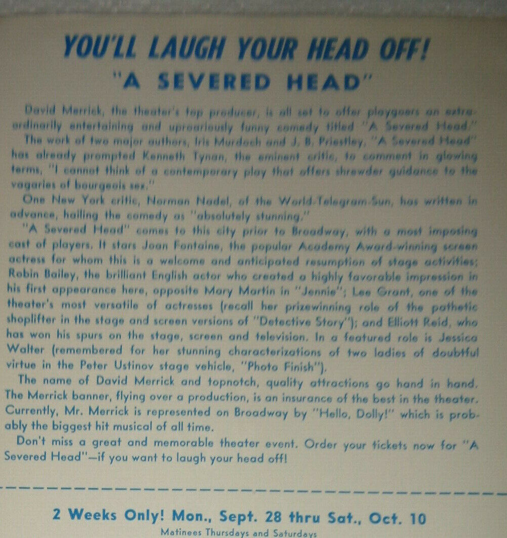 A Severed Head -Joan Fontaine, Robin Bailey, Lee Grant. Forrest Theater 1964