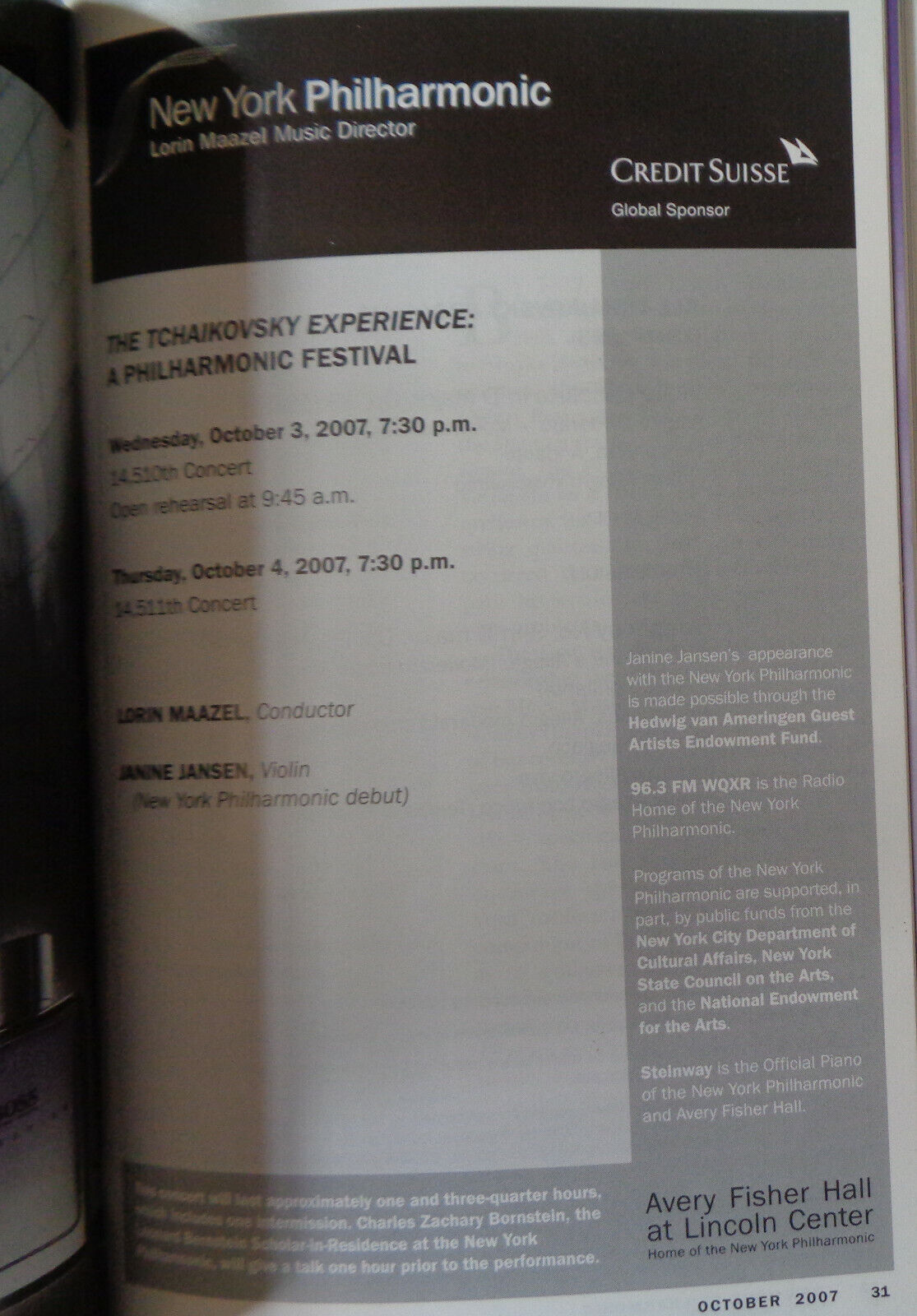 THE TCHAIKOVSKY EXPERIENCE: Lorin Maazel, Janine Jansen - PLAYBILL - OCT 3, 2007