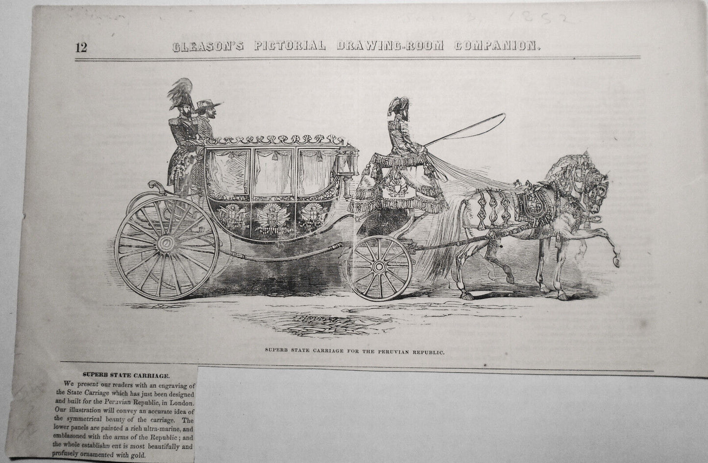 Superb State Horse Drawn Carriage For The Peruvian Republic -- Gleason's 1852