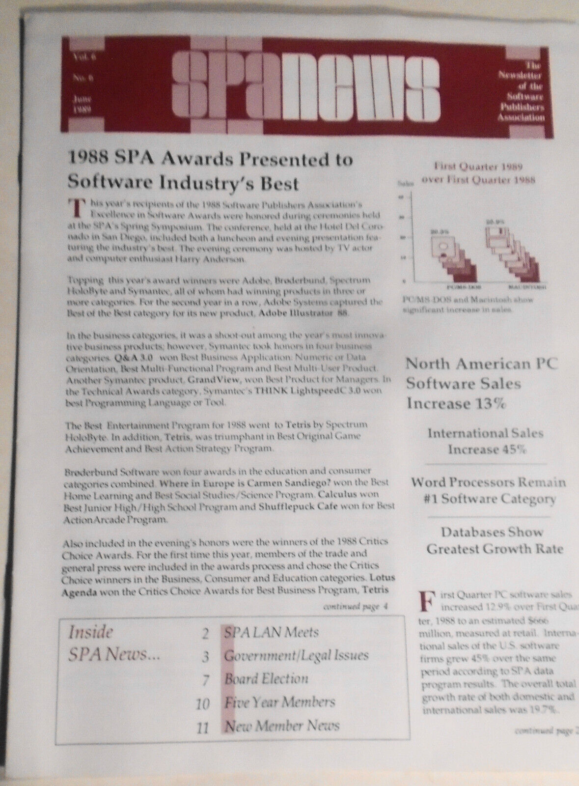 SPA News, June 1989. Newsletter of the Software Publishers Association