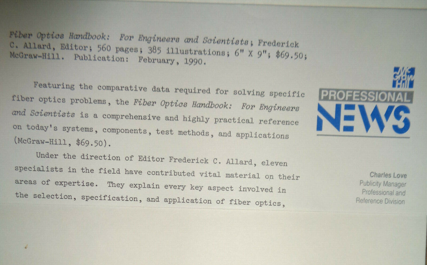 Fiber optics handbook: for engineers and scientists by F C Allard hardcover 1990