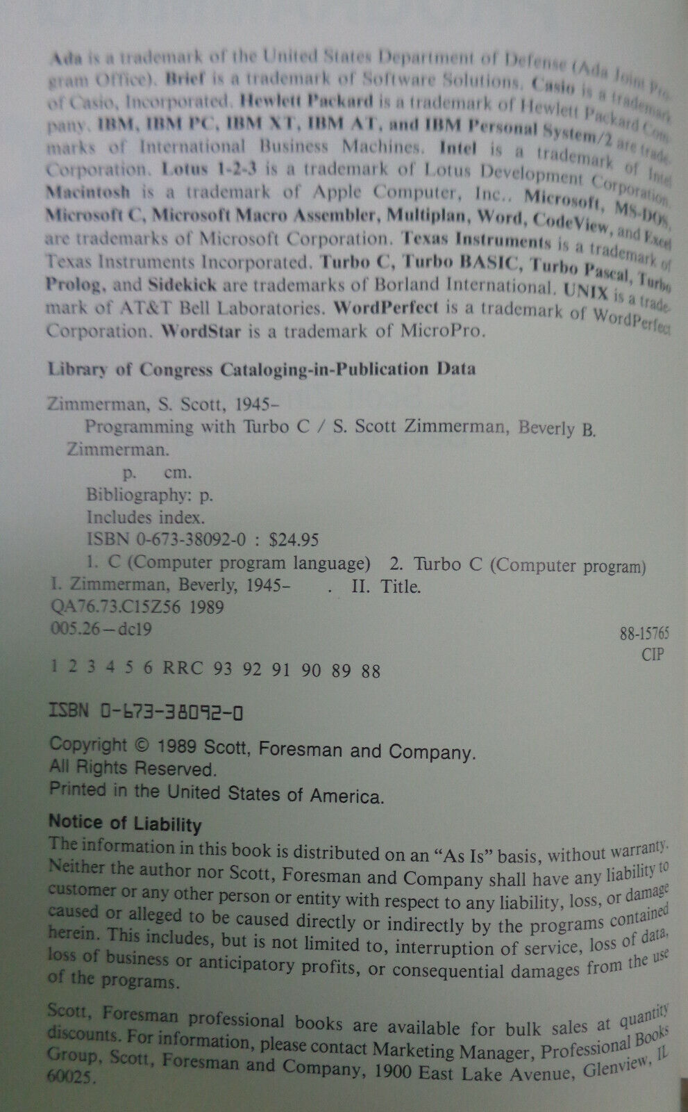 Programming with Turbo C, by S. Scott Zimmerman. First edition, 1988.