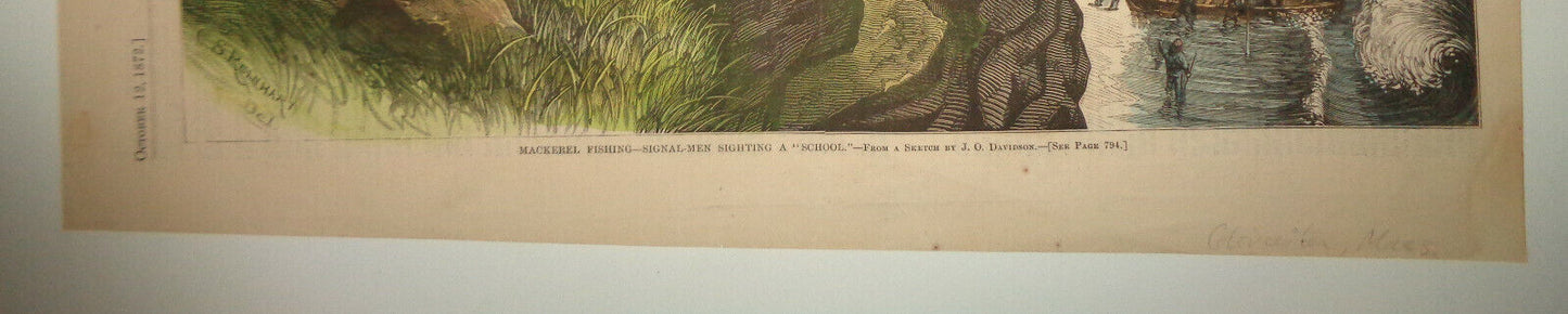 MACKEREL FISHING - HARPER'S WEEKLY ORIGINAL HAND-COLORED PRINT - OCT 12, 1872