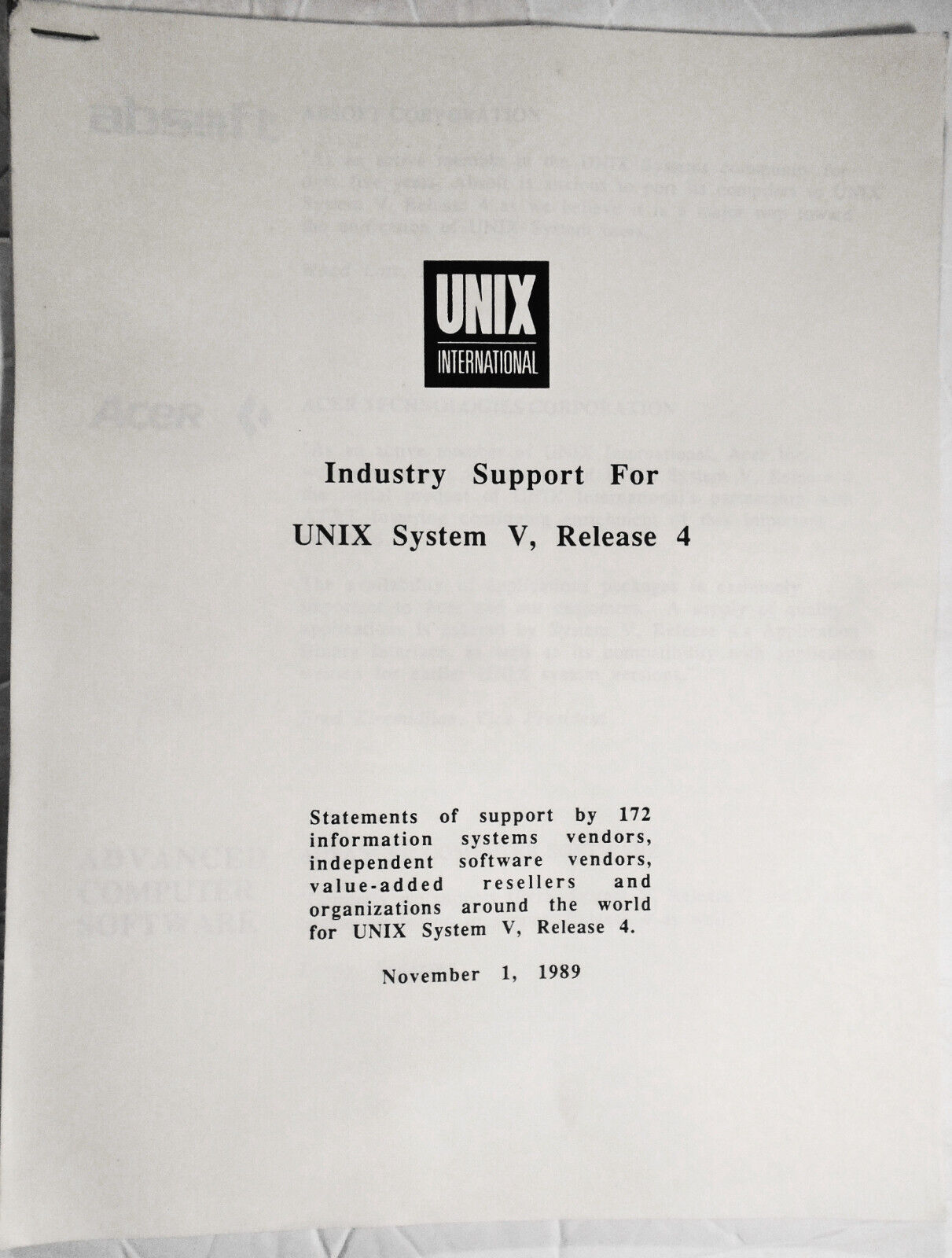 1989 Statements of support by 172 companies for UNIX System V, Release 4