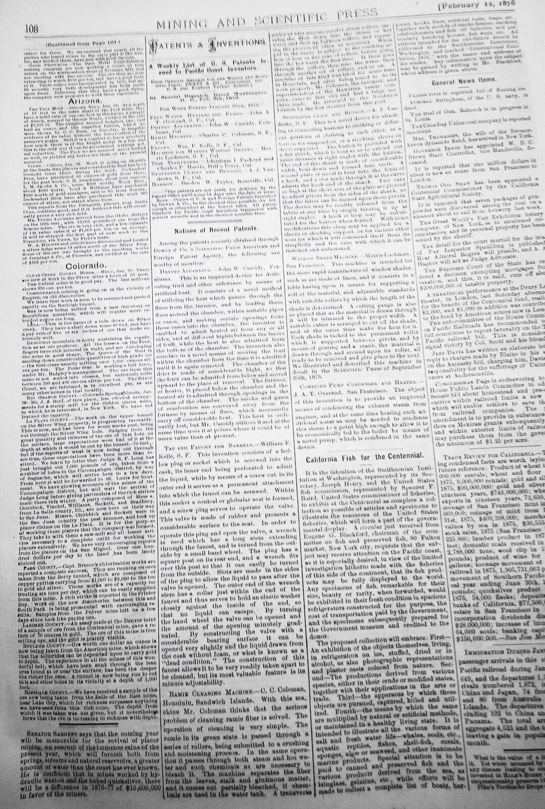Mining and Scientific Press Feb 12, 1876. Edison's "New Force"; Mining Debris...