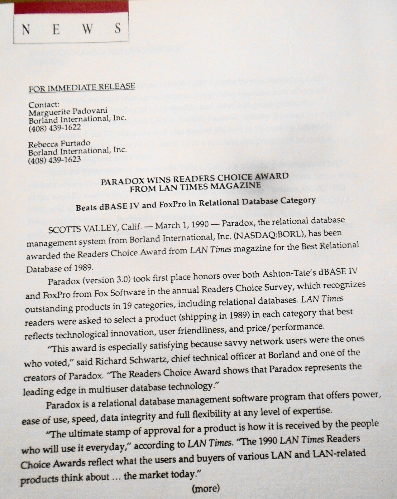 1990 Borland Paradox, Quattro Pro & Reflex win top awards. 4 press releases.
