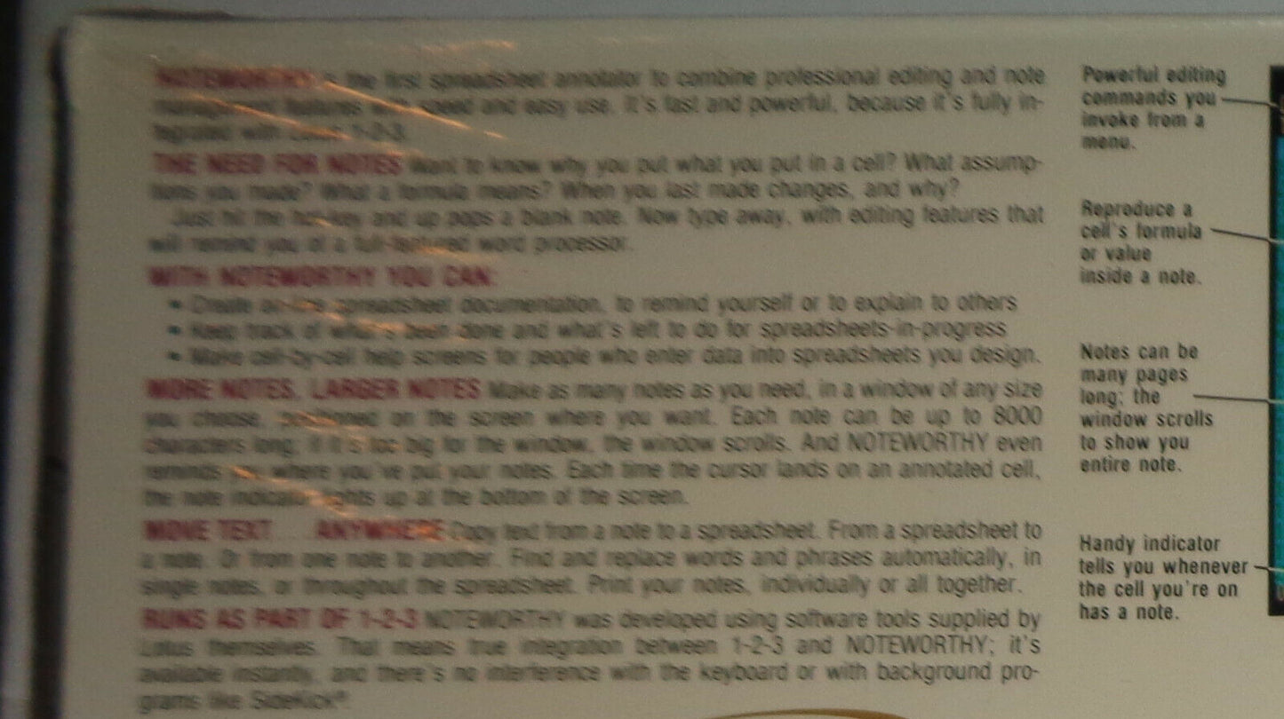 NOTEWORTHY (for spreadsheets worth noting) by Funk Software 1987 - MINT, NEW