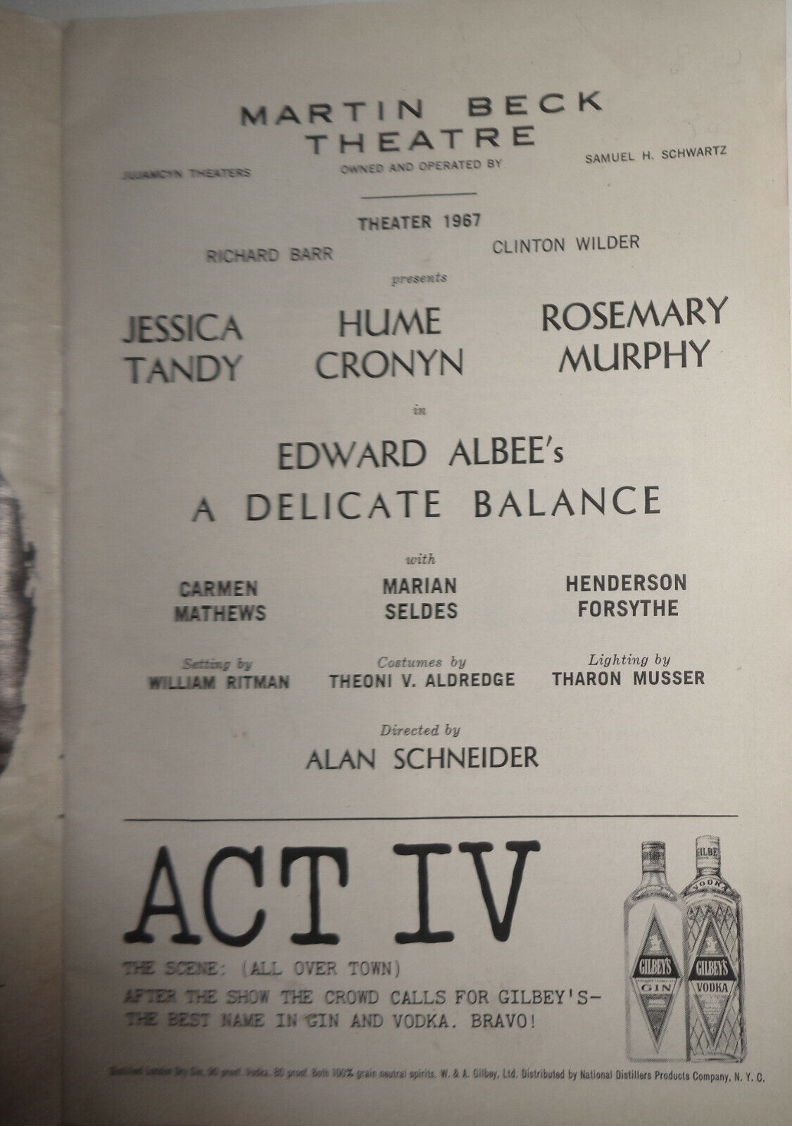 A DELICATE BALANCE - PLAYBILL - OCT 1966 - JESSICA TANDY, HUME CRONYN