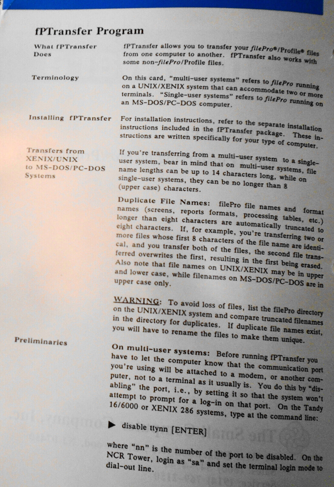 1987 fPTransfer for filePro / Profile files - User Guide & MSDOS software.