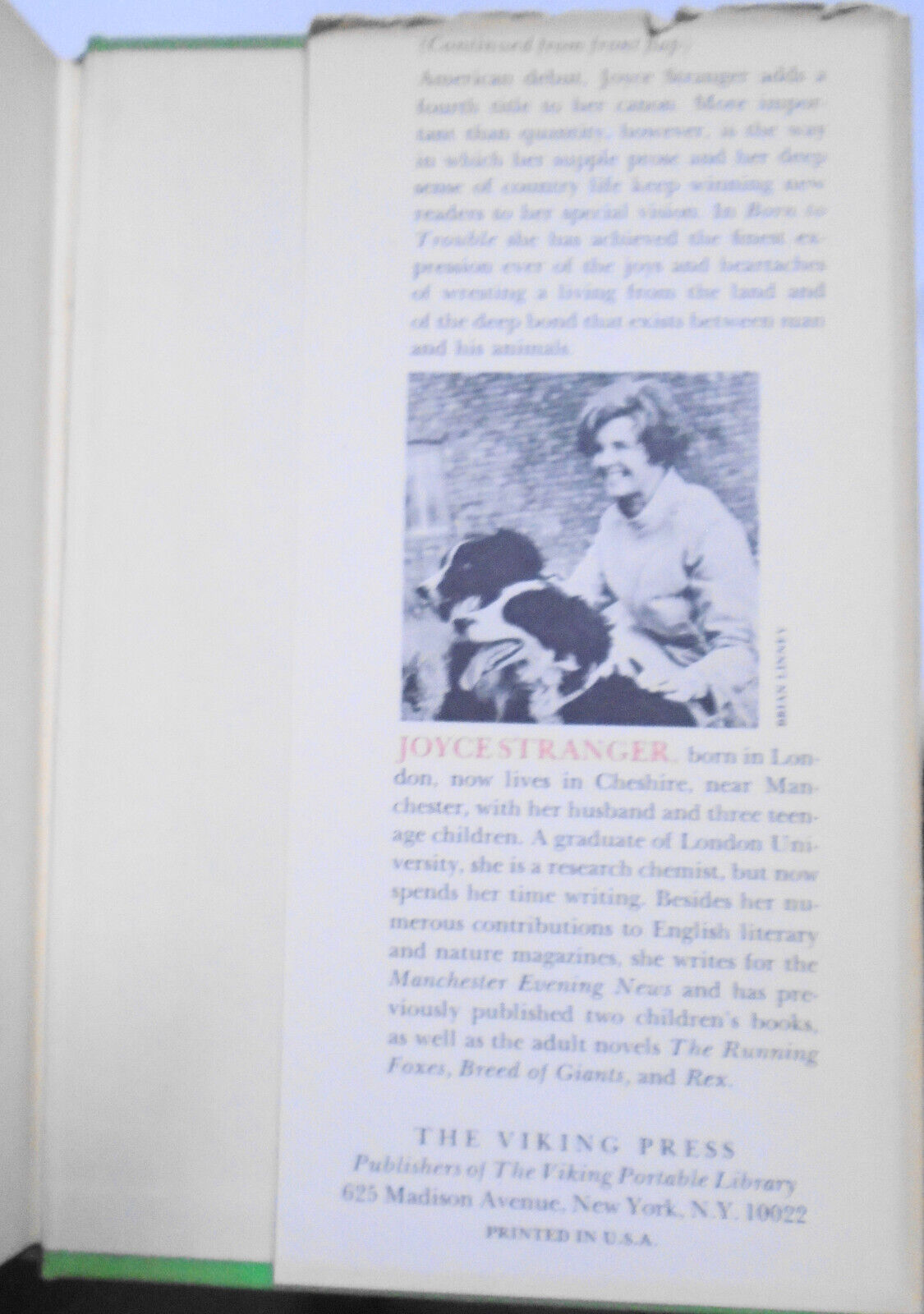 BORN TO TROUBLE, by Joyce Stranger. Signed First Edition, 1969.