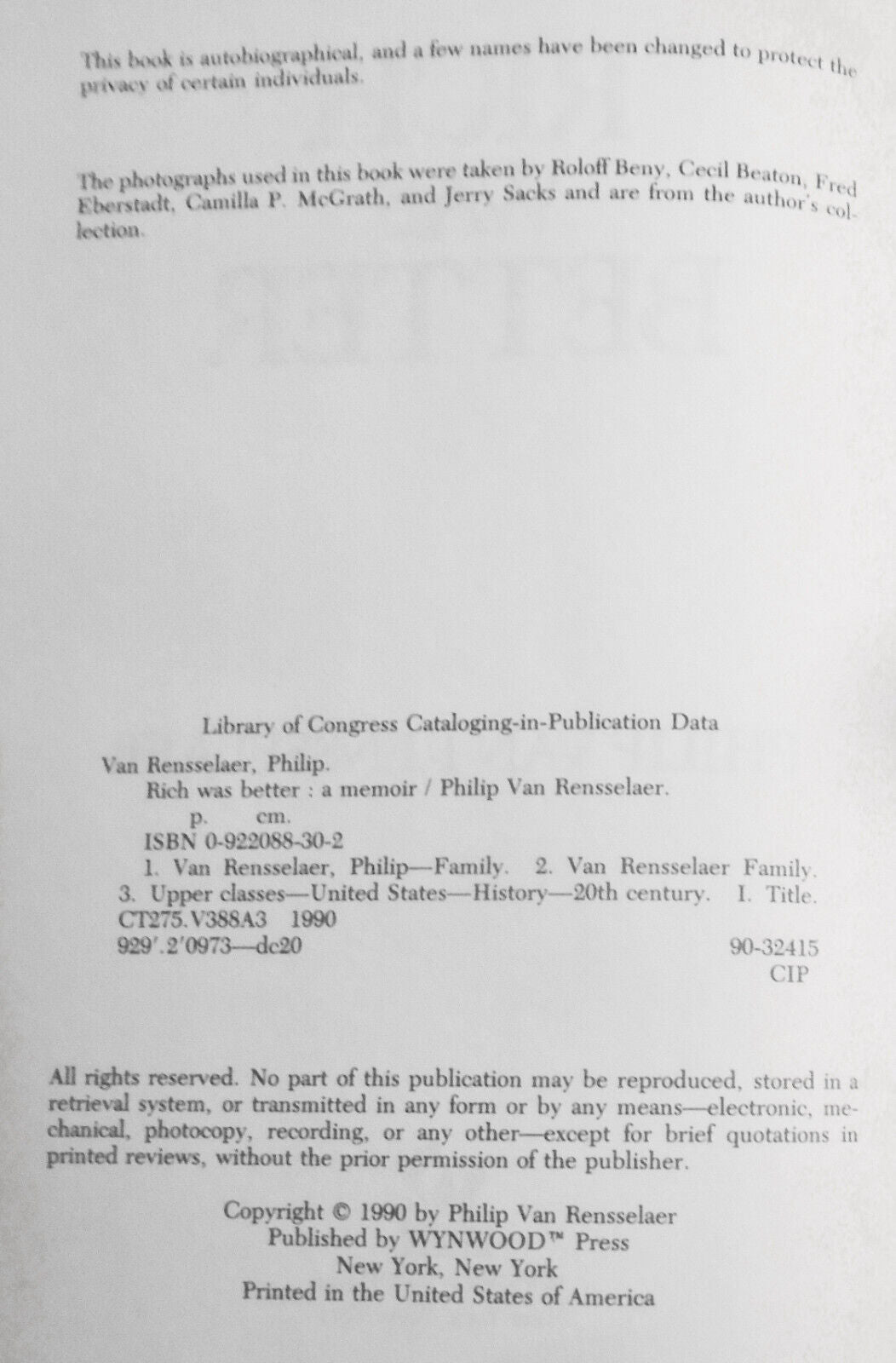 Rich Was Better, by Philip van Rensselaer. First edition, 1990. HC/DJ