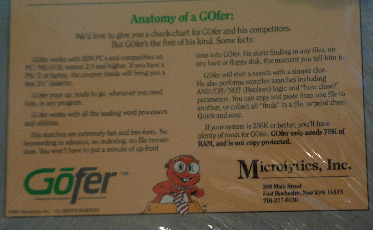 GOfer, by Microlytics, Inc.. 1987 - MINT, SEALED. For IBM PC's...