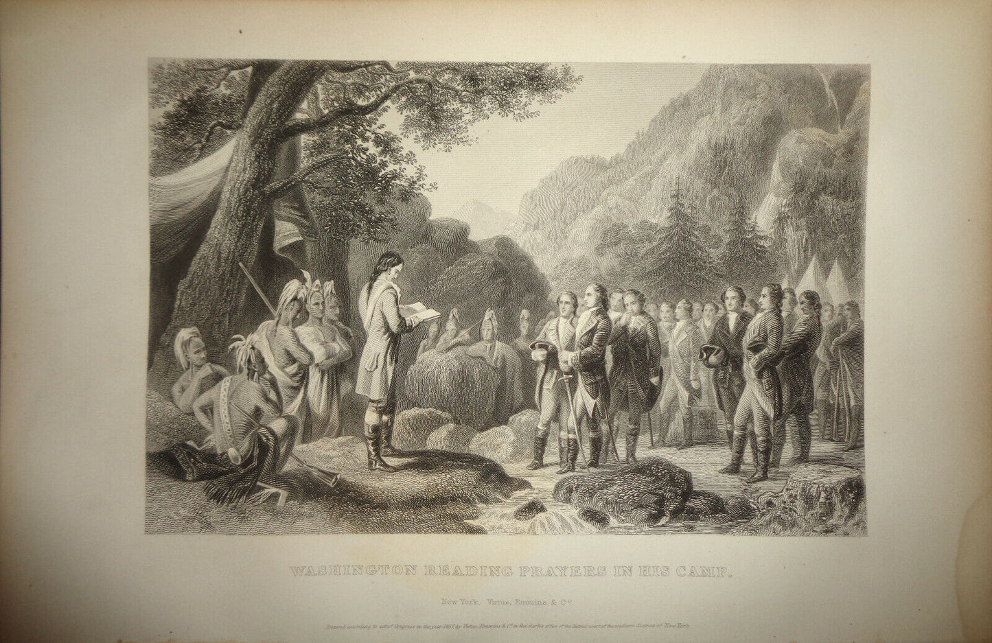 1860 Washington reading prayers in his camp - Original print