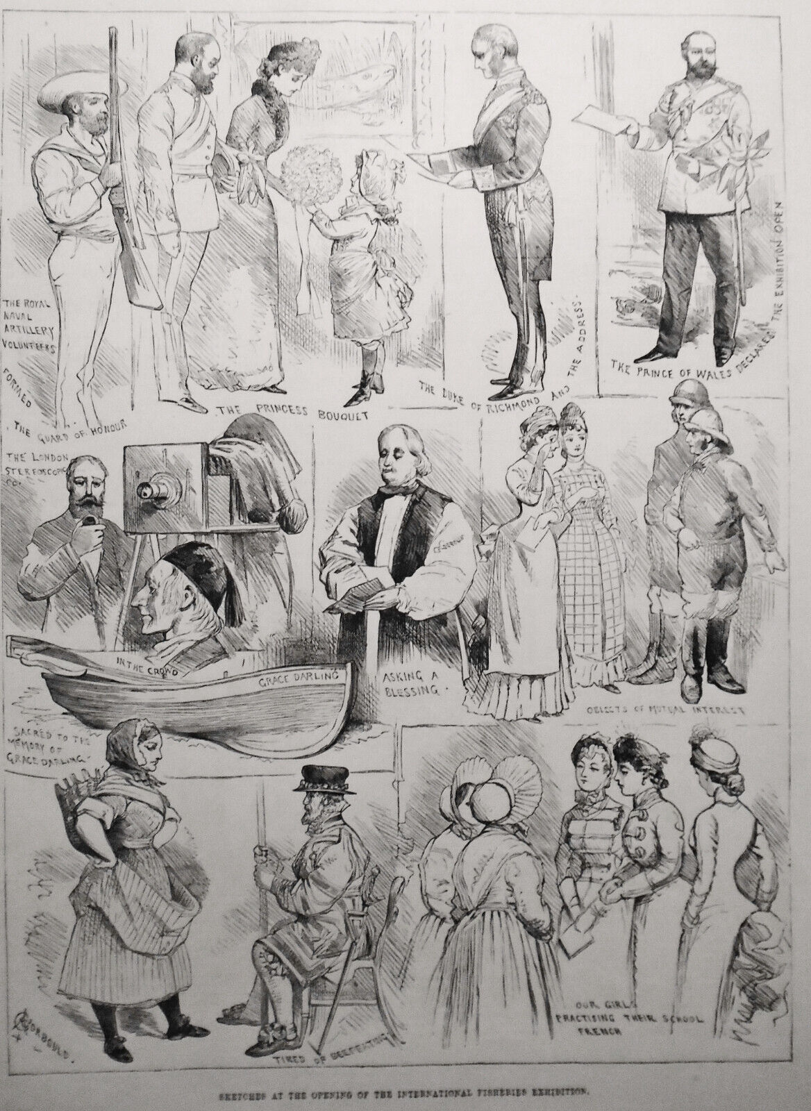 1883 Sketches At International Fisheries Exhibition - 4 original pages of prints