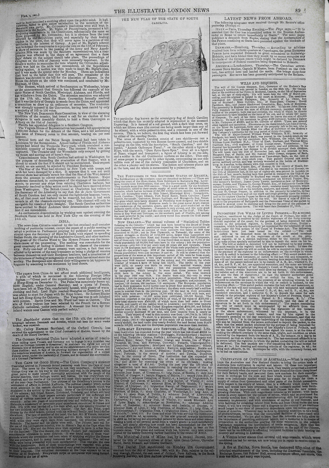 New Flag Of The State of South Carolina - Illustrated London News, Feb. 2, 1861